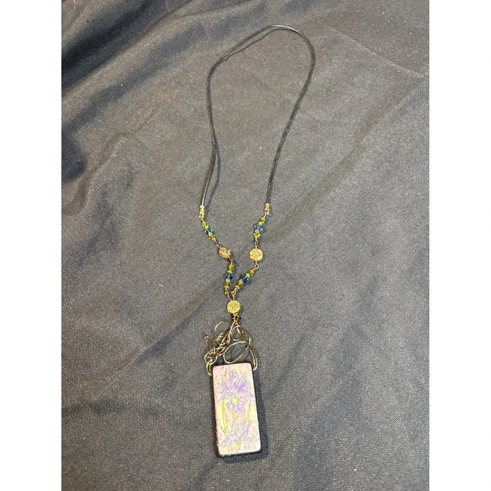 Unique Artisan Necklace Ceramic Pendant‎ Beaded Leather Cord Boho Chic